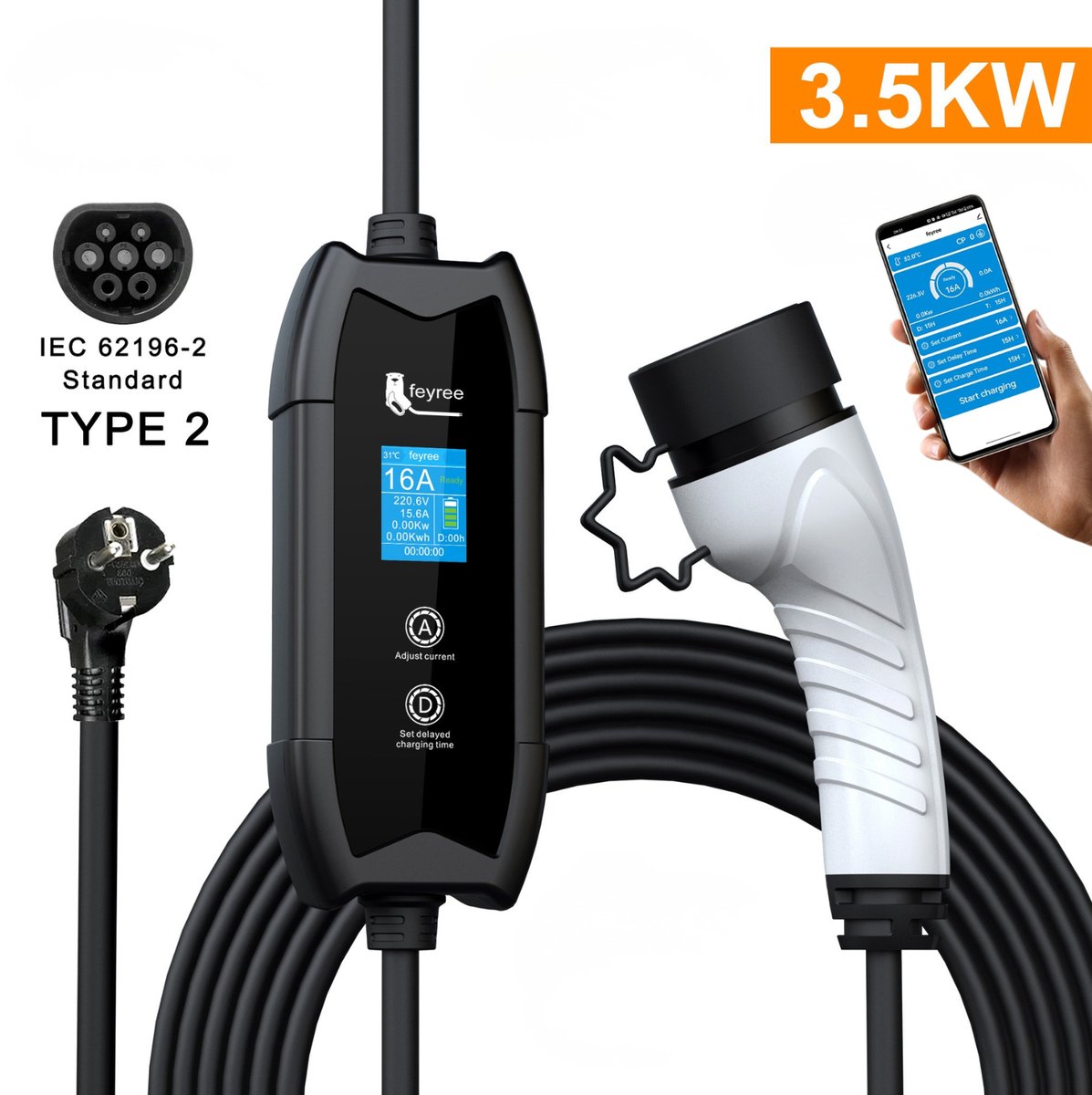 Rolu EV Oplaadpunt - Slimme App Bediening - Veilige Laadkabel