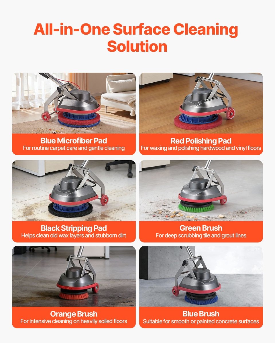 Professionele Schrob- en Boenmachine - Vloerpolijstmachine - Max. 1900 t/min - 13 m Kabel - Inclusief 3 Pads en 3 Borstels - 2 Wielen - Elektrisch
