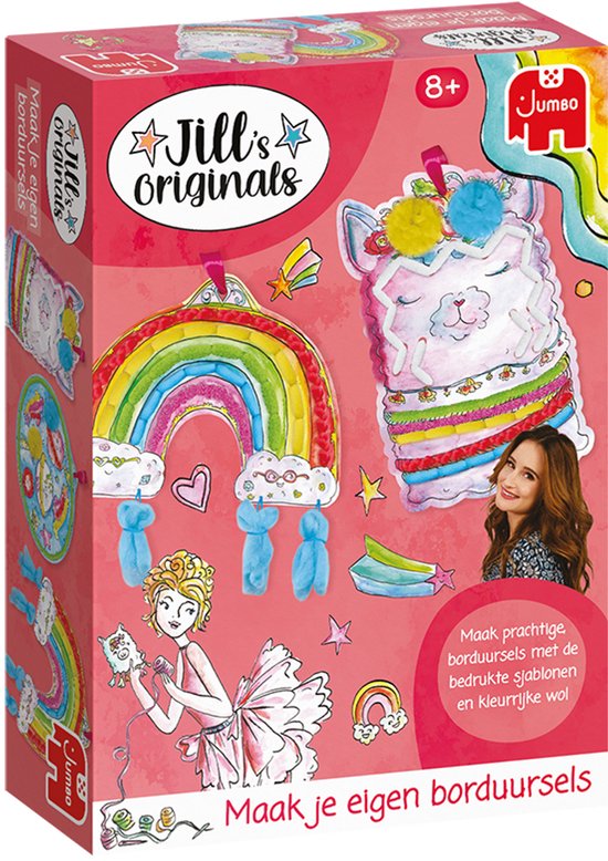 Doos met borduurpakketten: regenboog, lama, ruimteschip. Met meisje dat danst. Tekst: "Maak je eigen borduursels".
