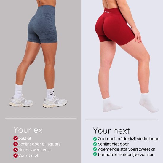 Vergelijking van blauwe sportshort 'Your ex' en rode sportshort 'Your next' van Euphoria, met focus op pasvorm en functionaliteit.