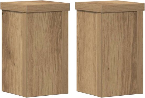 Twee houten plantenstandaards met eikenlook, elk 10x10x18 cm.