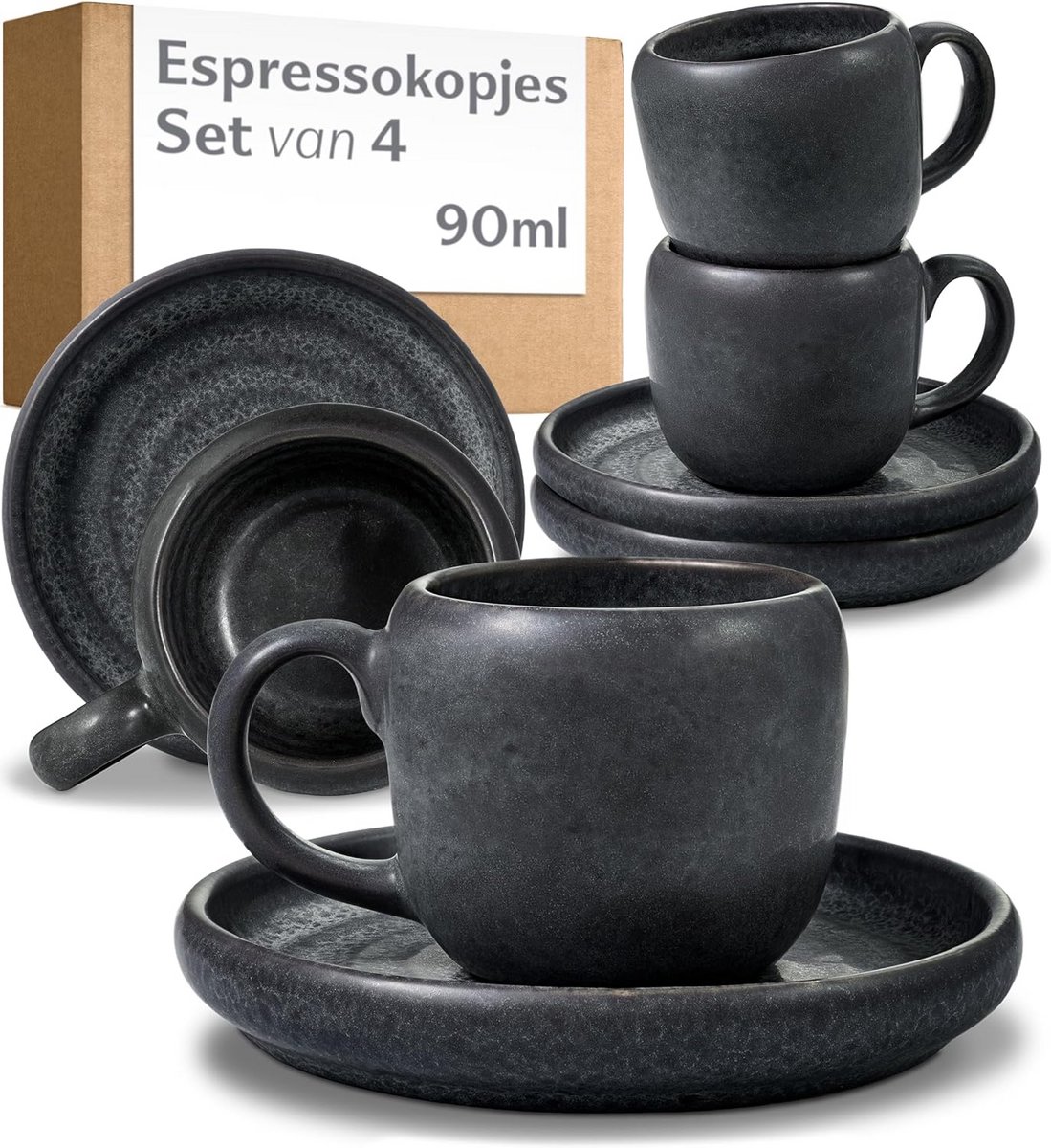 Set van 4 Espressokopjes met Schotels, Keramiek, Zwart, Hittebestendig