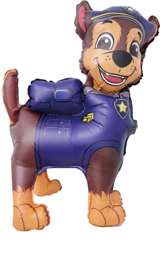 Opblaasbare Chase van Paw Patrol, een bruine hond in een paars politieuniform, staand met een pet.