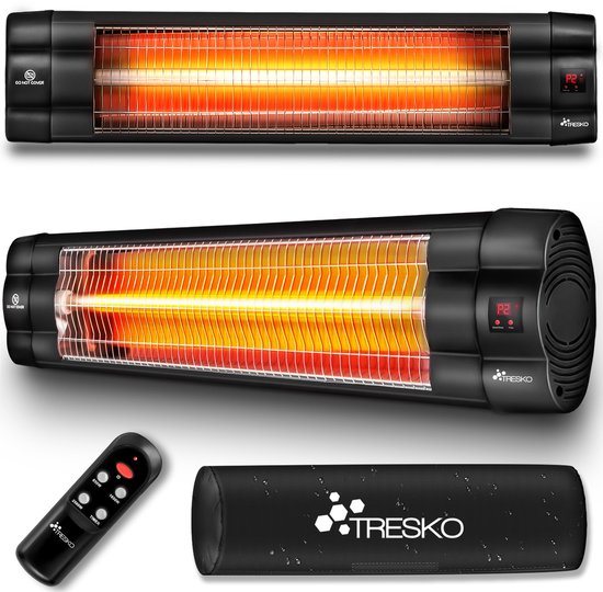 TRESKO Infrarood warmtestraler, 2500 W, met afstandsbediening, elektrische warmtestraler voor terras, met 3 warmtestanden, terrasstraler, binnen en buiten, wand-infraroodstraler met led-display,