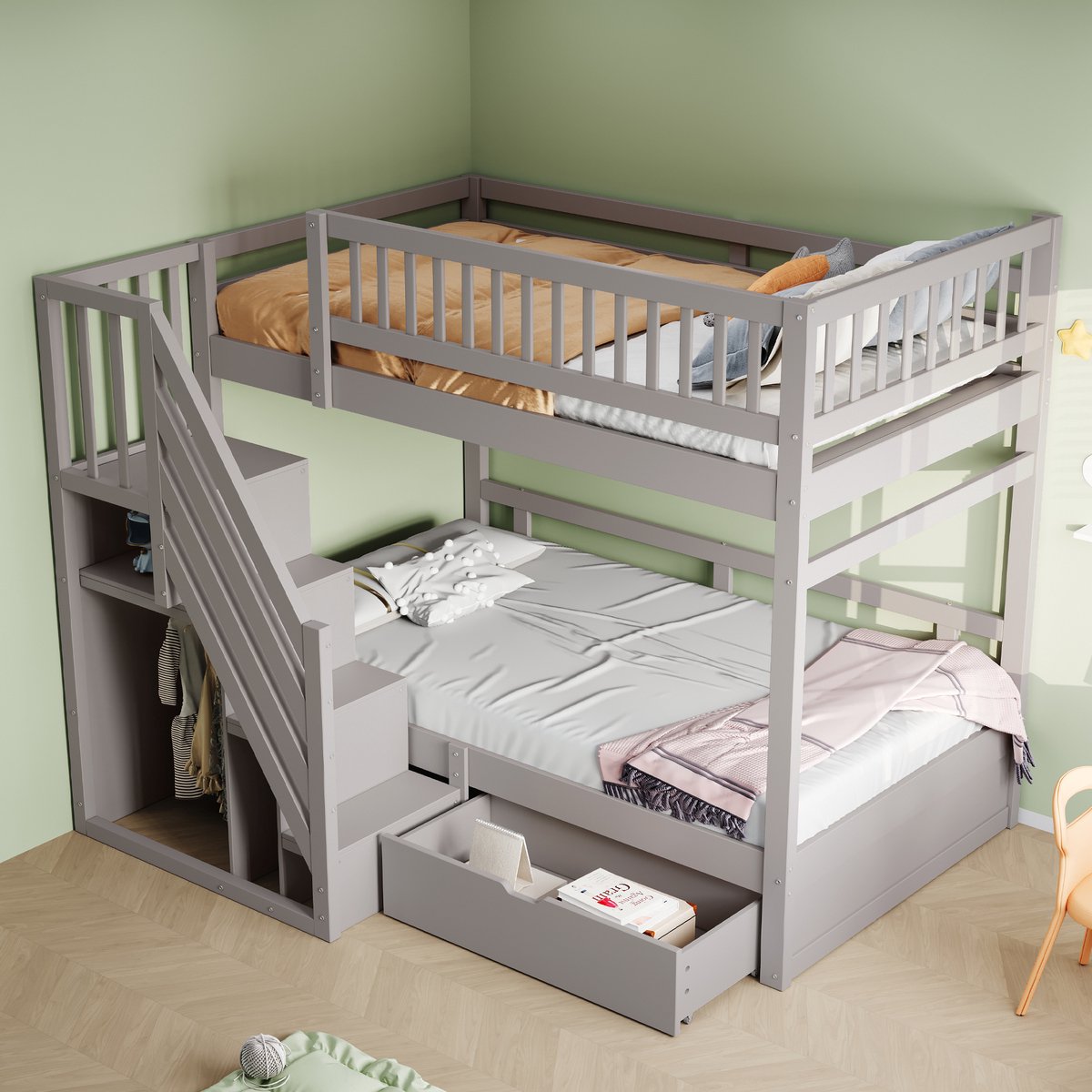 Stapellbed - 90 x 200 cm - Massief Hout met Opbergtrap en Laden - Hoog Hek - Grijs