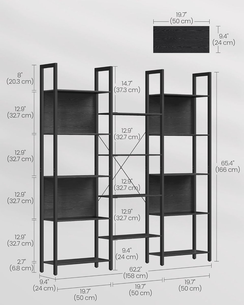 Boekenkast Casa Velluto 14 Planken – Industrieel Staande Ladderboekenkast voor Woonkamer, Kantoor en Studeerkamer – Ebbenhoutzwart & Inktzwart Metaal – 24 x 158 x 166 cm – Stabiel, Belastbaar en Anti-tip