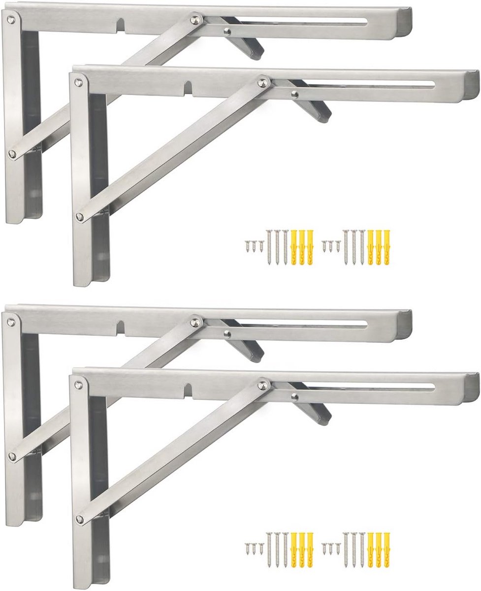 Set van 4 Opvouwbare Wandplanksteunen in RVS, 14 Inch voor Sterke en Ruimtebesparende Ondersteuning