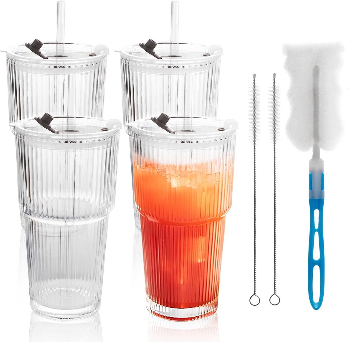 Set van 4 Geribbelde Glazen Bekers met Deksel en Rietjes, 600ml