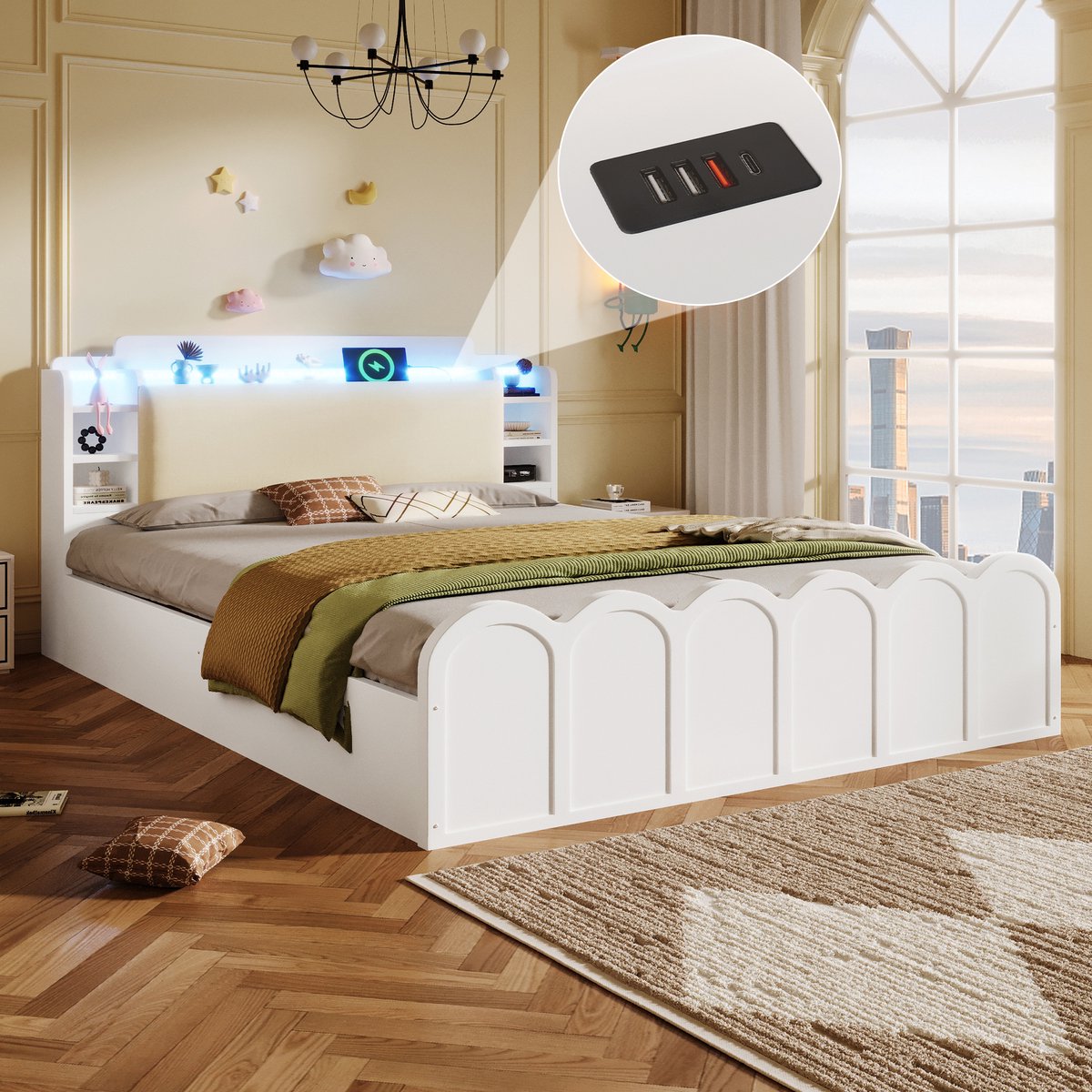 MODFU Bedframe 140x200 cm van spaanplaat, wit, met opbergruimte en LED