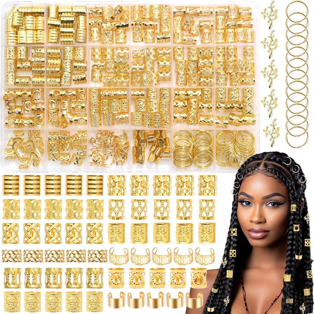 280 stuks gouden haaraccessoires voor vlechten: metalen dreadlocks kralen en ringen