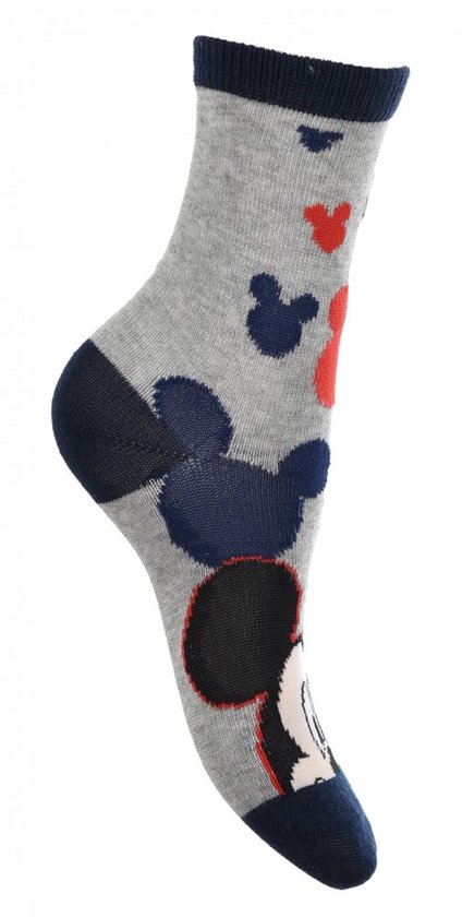 Grijze kindersok met Mickey Mouse-print en Mickey-gezichten.