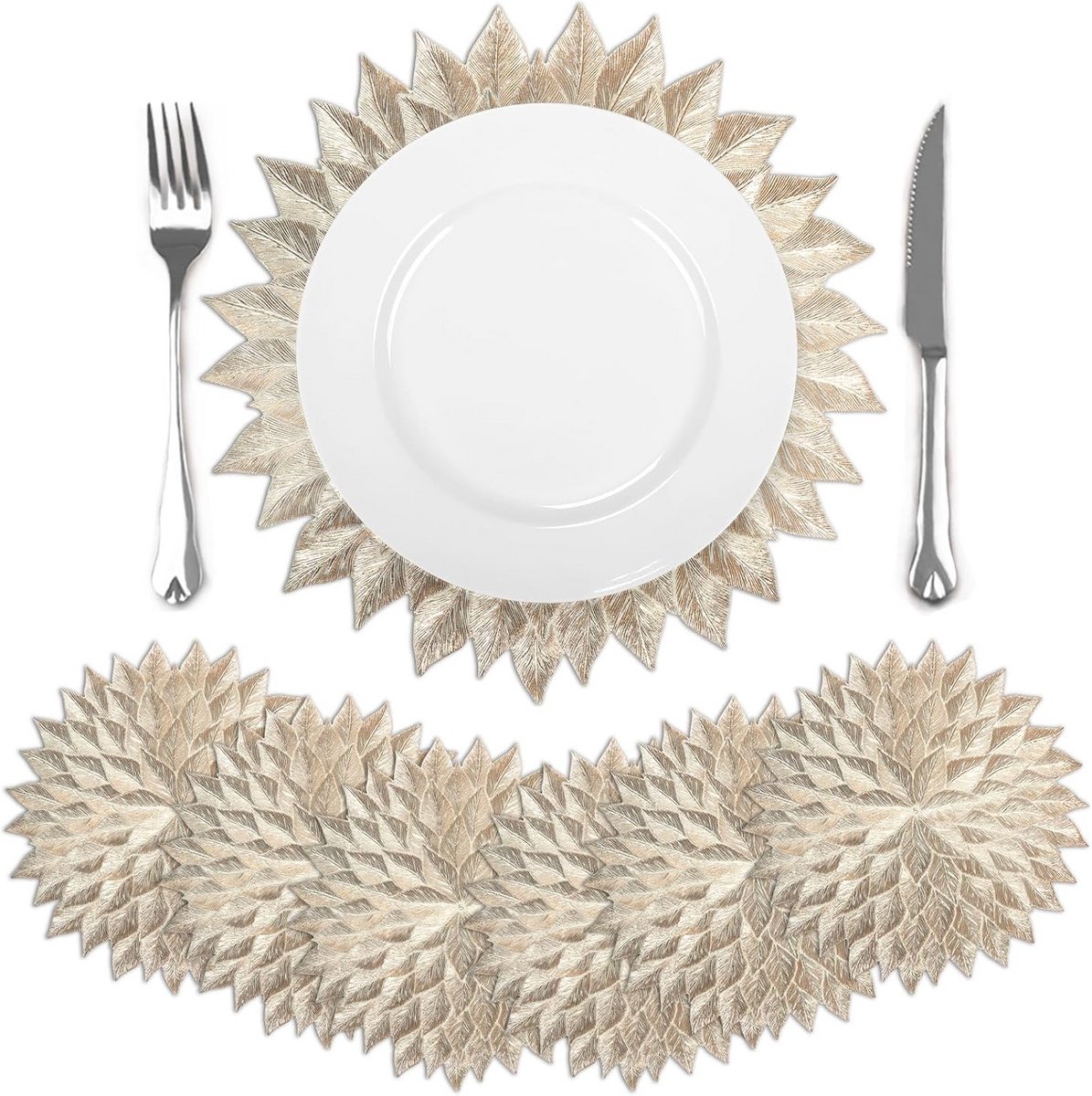 Set van 6 Ronde Placemats Goudkleurig Antislip Vinyl 38cm voor Eettafel Decoratie