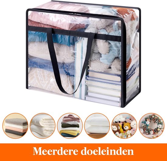 Een opbergzak met kleding, dekens en knuffels, met circulaire afbeeldingen van opgevouwen textiel en decoratie.