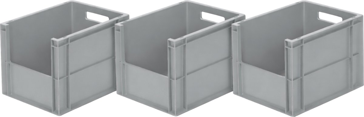 Kunststof stapelbak - Set van 3 - Stapelkrat met grijpopening - 395x295x290 mm - Grijs