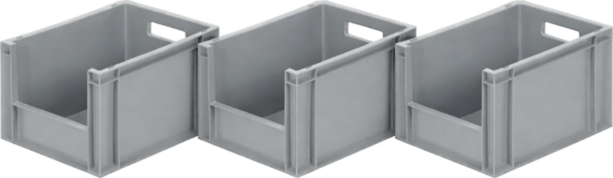 Euronorm stapelbak - Set van 3 - Kunststof krat met grijpopening - Magazijnbak - 395x295x230 mm - Grijs