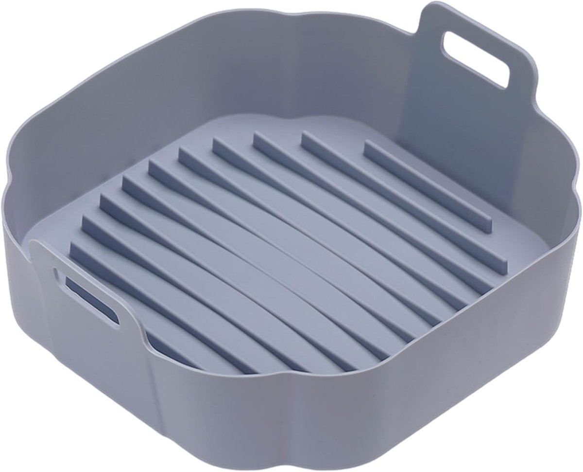 Grijze airfryer-liner met dubbele handgrepen, hittebestendige vierkante, machinewasbare siliconen bakplaat, waterdichte en antiaanbakmat voor het braden van kip, keukenaccessoires.