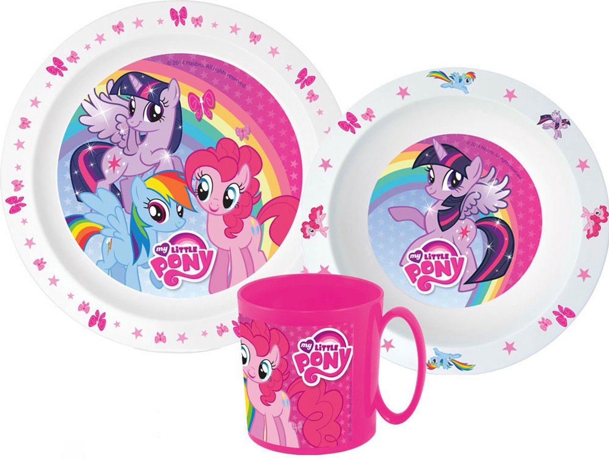 My Little Pony Serviesset - Mok 350 ml - Diepe kom - Plat bord - 3 stuks - Pink - Eetset met beker - Voor verjaardagen en feestjes - Voor kinderen - Voor meisjes