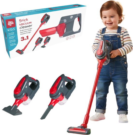Dirt Devil Speelgoed Stofzuiger 3-in-1 - Steelstofzuiger en Handstofzuiger 2 Opzetstukken - Werkende Zuigfunctie en Realistische Geluiden - Voor Jongens en Meisjes vanaf 3 Jaar - Rood/ Grijs