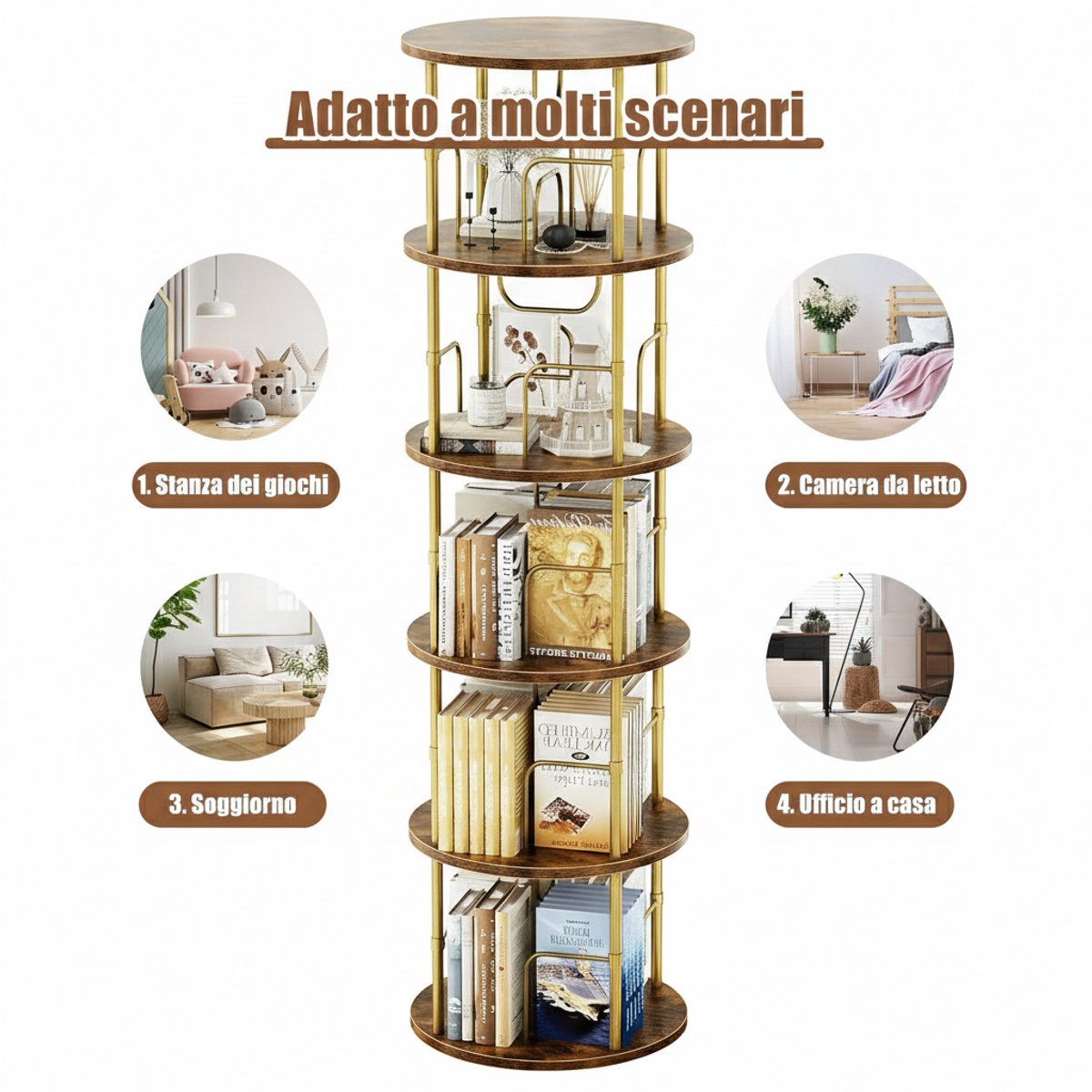 Boekenkast Draaibaar 360° Casa Velluto Rotaro XL – Vrijstaande Houten Boekentoren met 5 Verstelbare Niveaus – Vintage Bruin – Opbergrek voor Boeken, Decoratie, Woonkamer of Slaapkamer – 45×45×160 cm