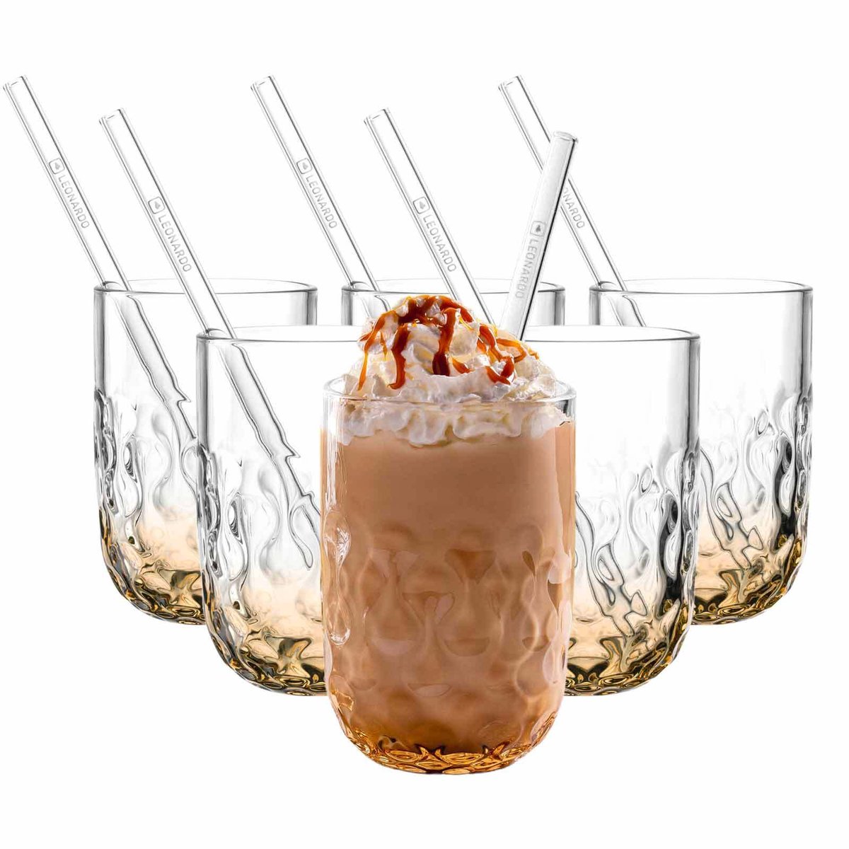 Caramel Macchiato Gläser mit Glastrinkhalm (2) Gocce 390 ml Set van 6