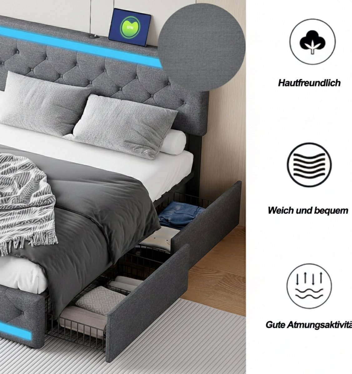Gestoffeerd Bed 140x200 cm met Opbergruimte – Casa Velluto Aurelio Luxe Tweepersoonsbed met 4 Laden, LED Verlichting & In Hoogte Verstelbaar Hoofdeinde met USB – Donkergrijs Linnen – Inclusief Houten Lattenbodem