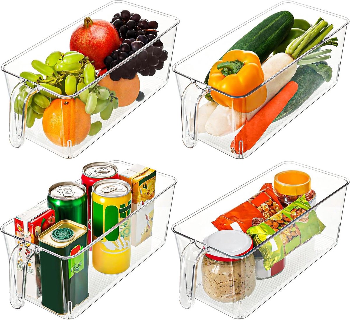 Allecto - Keuken Koelkast Opslag Containers - Non-Slip Basis - 4-Pak - Transparant - Handvatten - 31,2 cm Totale Lengte - Doorzichtig Plastic - Badkamer, Kelder/Kast, Lades en Diepvries.