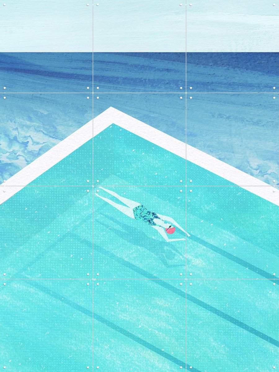 IXXI Pool at Bondi, Henry Rivers - 60 x 80 cm - Gratis ophangtool - Grote wanddecoratie en posters - Minimalisme, Illustraties, Kleurrijk, Slaapkamer