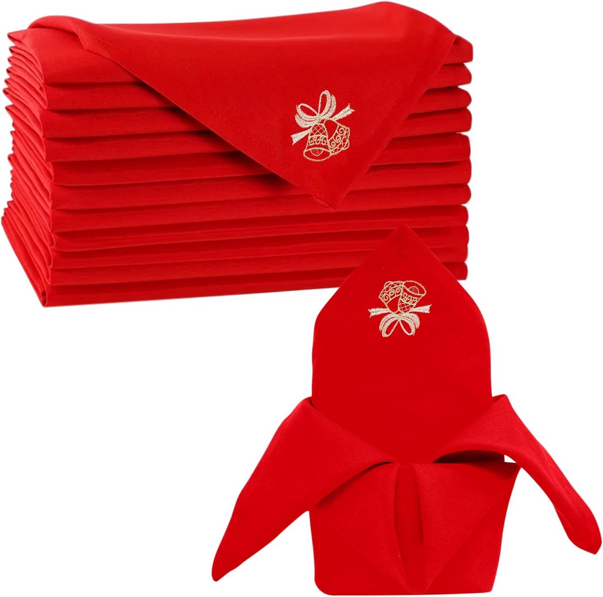 Set van 6 Rode Kersttafelservetten met Jingle Bell Print voor Feestdagen en Diner