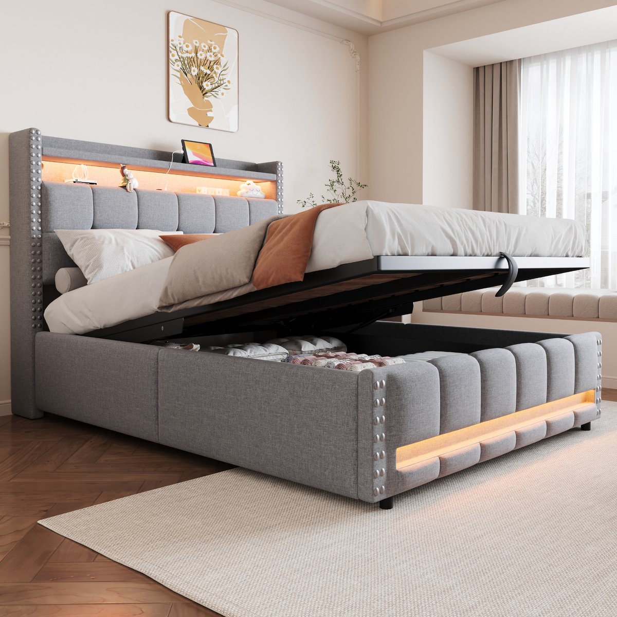 Wishdor Gestoffeerd Tweepersoonsbed 140x200 cm – Hoofdbord met Planken en Opbergruimte – LED en USB – Hydraulisch Hefsysteem – Linnen – Lichtgrijs