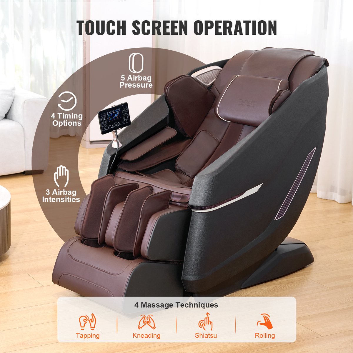VEVOR Massagestoel met Flexibele SL-Rail, 3D Full Body Shiatsu-Massageapparaat, Zwaartekrachtvrij, 10 Tot 18 Automatische Modi, Verwarming, Bluetooth-Luidspreker, Luchtkussen en Touchscreen 160 KG – foto 6