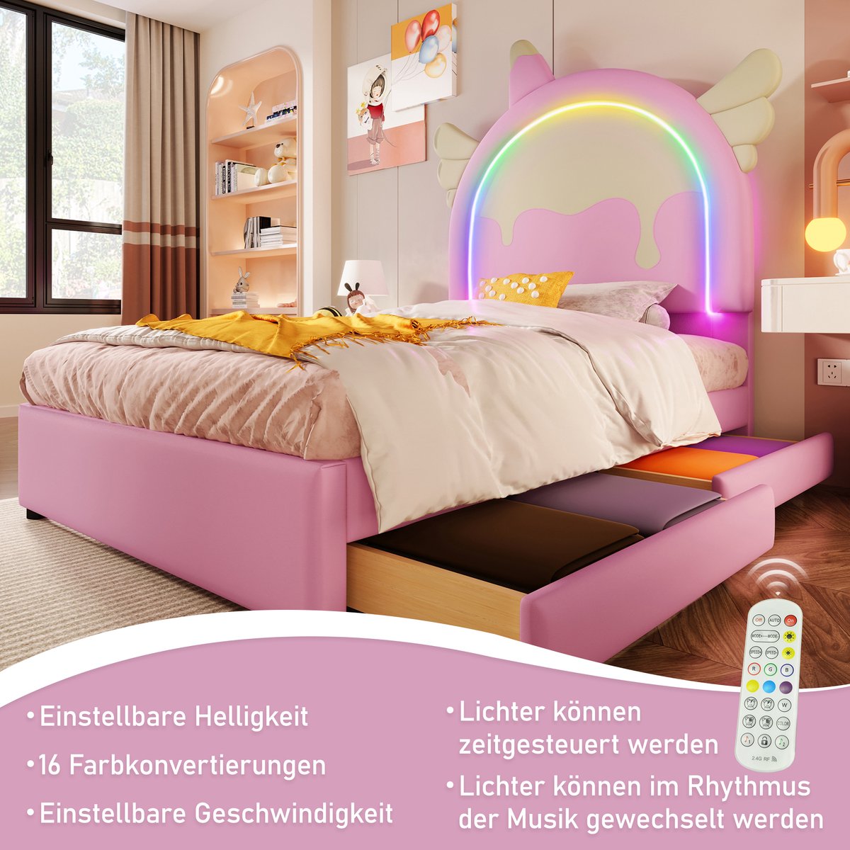 FloraGrace Gestoffeerd Bed 90x200 cm – Met Kleurrijke Lichtstrip – Met 2 Lades – Eenhoorn Kindbed – PU – Zonder Matras – Roze — cadeau in Cadeau-ideeën - foto 6