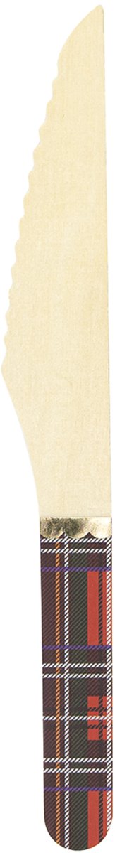 PARTYPRO - 8 kerst houten messen tartan 16 cm met gouden bies