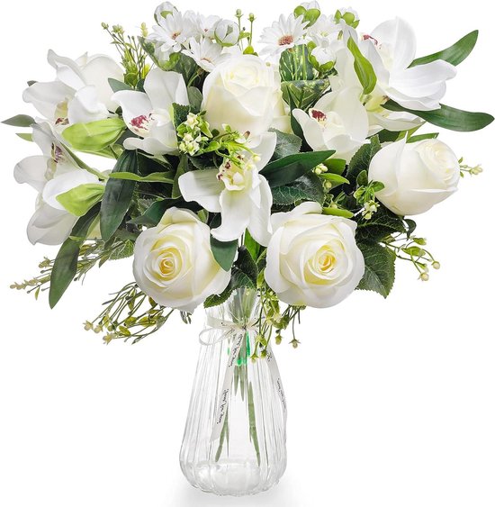Artificiële Bloemen in Vaas - Nepbloemen Boeket - Zijden Rozen en Orchideeën - met Satijnen Lint - Voor Huwelijk en Home Decor - Wit en Roze Kleuren - Geschikt voor Tafeldecoratie - Bloemstuk voor Feesten