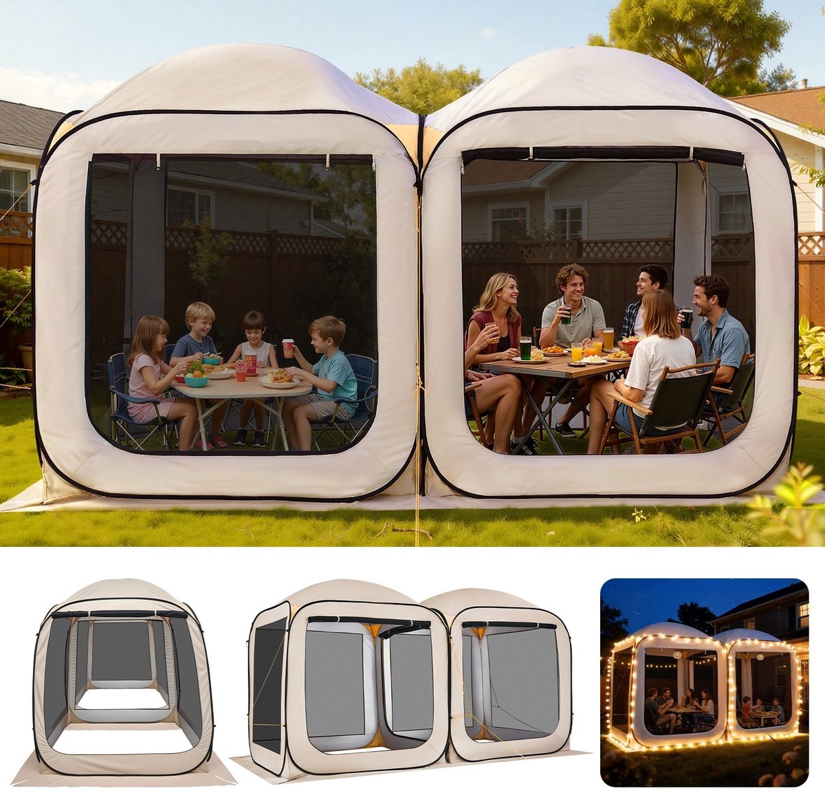 Partytent - Pop-up Paviljoen - 366 x 183 cm - 2-in-1 - Gaaswanden - Met Draagtas - Inclusief Grondpinnen - Beige