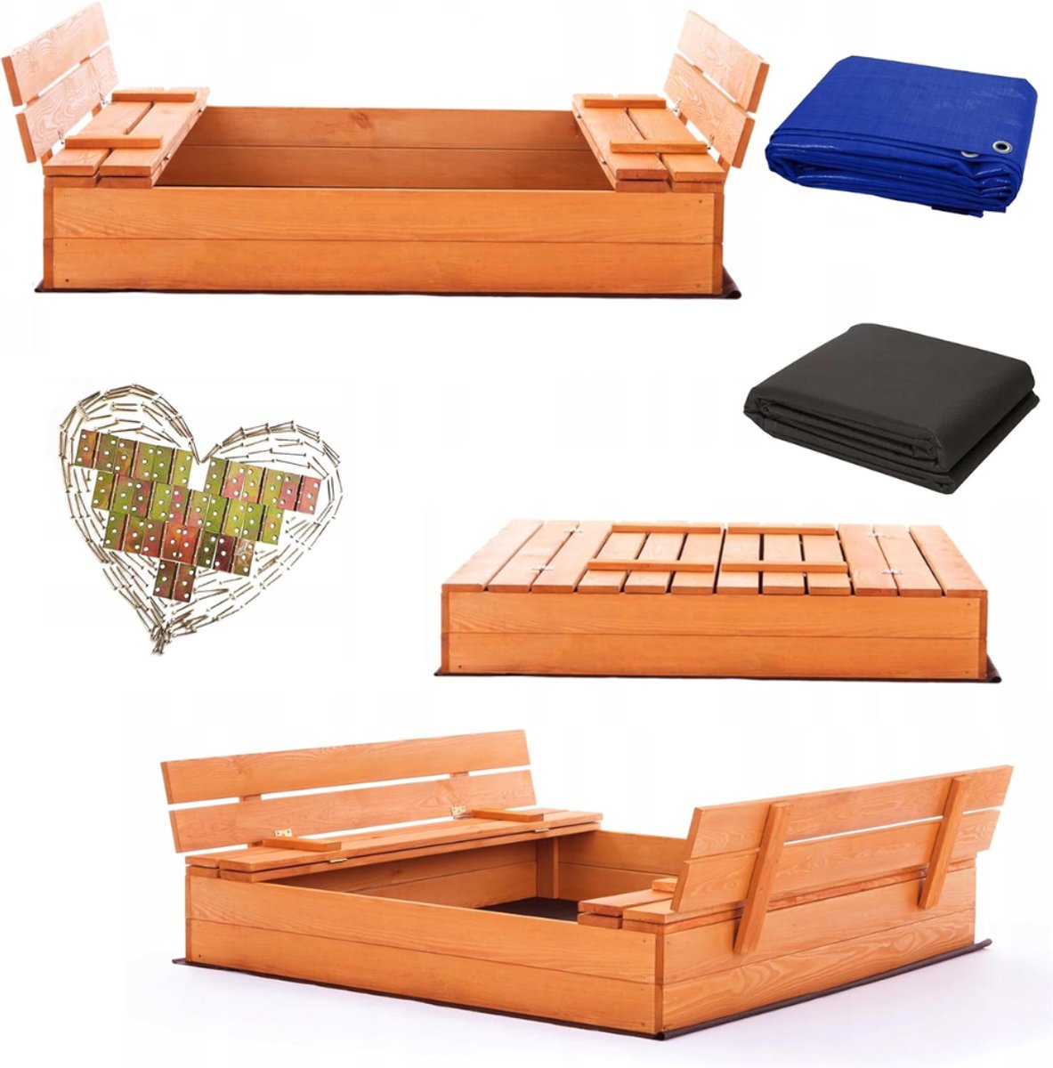 DD® Zandbak met Deksel - Zandbak 120 x 120cm - Speelzand met Ingebouwde bandjes - Inclusief Afdekzeil - Bruin - 116 x 116 x 22 cm