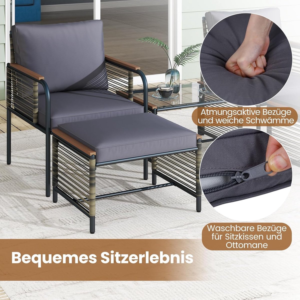Milano Comfort 5-Delige Luxe Balkonset - Inclusief 2 Ergonomische Fauteuils, 2 Comfortabele Ottomans en Glazen Bijzettafel - Weerbestendig Grijs Rattan