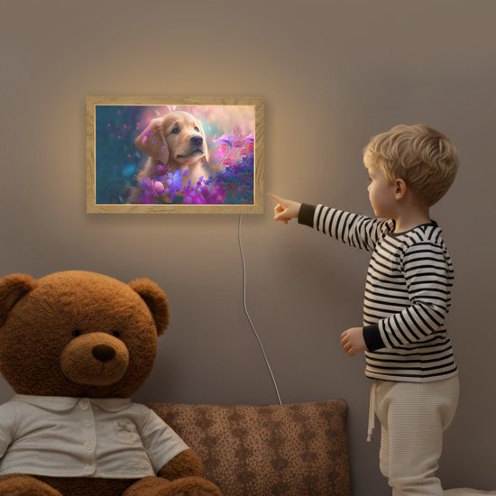 Nachtlampje 30x20 cm - Kinder lamp - Hond - Puppy - Zon - Bloemen - Golden retriever - Tafellamp kinderkamer - Slaapkamer lamp - Bedlamp kinderen - Kinderlampje stopcontact - Wandlamp babykamer - Nachtlampjes van Merkloos — afbeelding 5