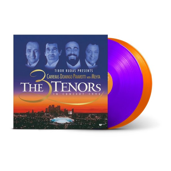 Albumhoes 'The 3 Tenors In Concert 1994' met portretten van de zangers en een stadsgezicht 's nachts. Paars en oranje vinyl.