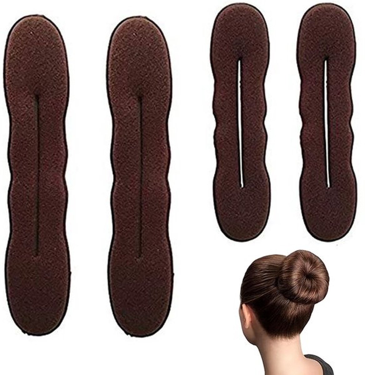 4-delige knotmaker voor vrouwen, magische broodjesmaker, haarkrultang, donutgereedschap, Lazy Foam Sponge Bun Shaper, haaraccessoires voor lang, krullend en steil haar, Bruin