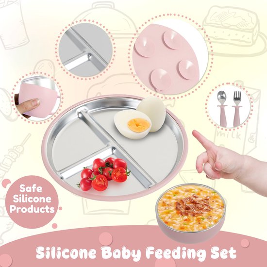 Roze baby voedingsset met bord, kom, beker en bestek. Close-up van zuignappen en een siliconen hoes. "Safe Silicone Products".