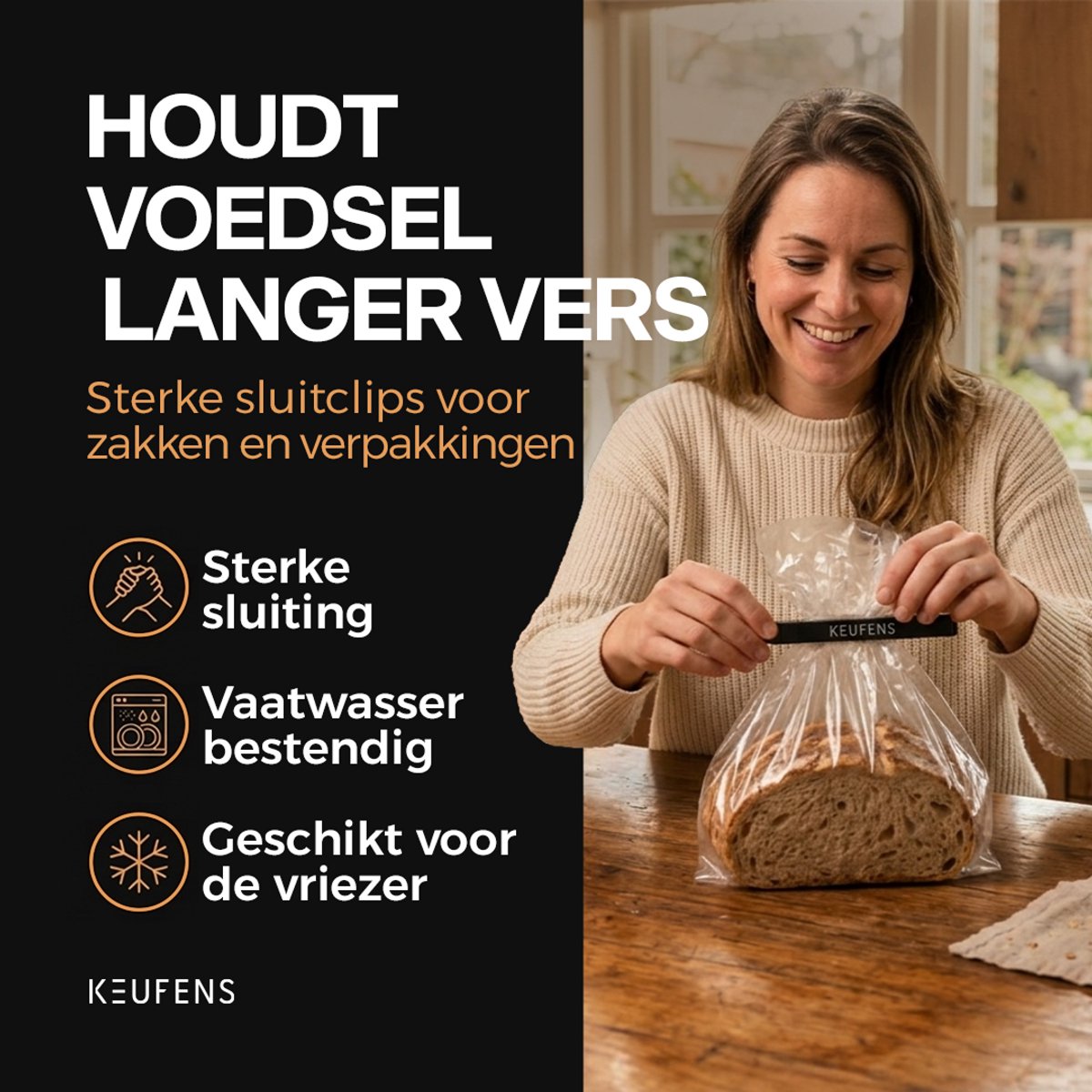 Keufens Vershoudclips 10 stuks zwart - Vaatwasser en vriezer bestendig - Afsluitclips - Vershoud knijpers - Zaksluiter - Kunststof — afbeelding 2