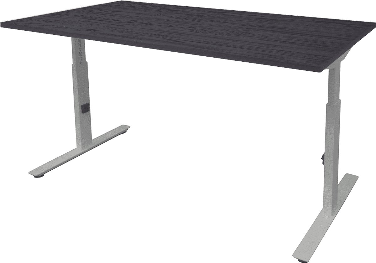 Linesto Plus bureau, hoogte instelbaar (65-85cm) met 140x80cm Schaduwzwart 25mm blad en aluminium (RAL9006) t-poot frame met rechte tenen