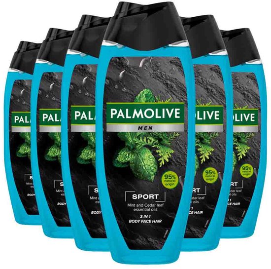 Palmolive Men 3-in-1 Body Face Hair Etherische Oliën Munt Cedernaalden - 6 x 500 ml - Voordeelverpakking