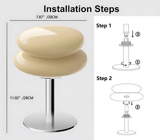 Installatiehandleiding voor een oranje glazen mushroom lamp van 20 cm breed en 28 cm hoog.