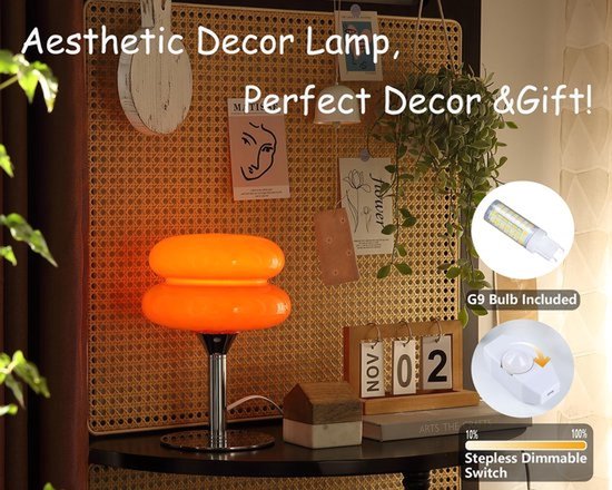 Oranje glazen mushroom tafellamp met chromen voet, G9 lamp inbegrepen. "Aesthetic Decor Lamp, Perfect Decor &Gift!"