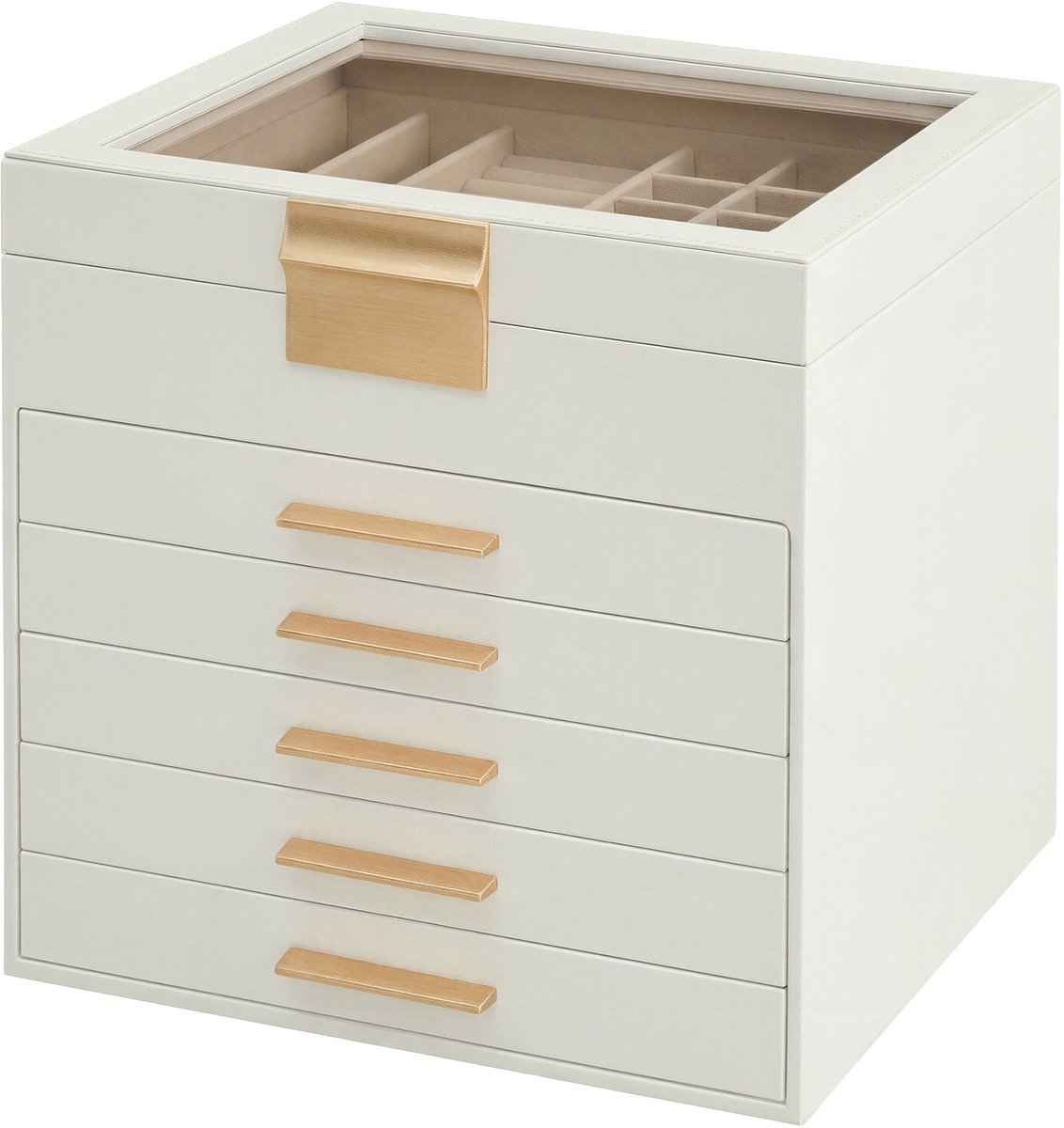 SONGMICS - Sieradendoos - Juwelendoos - Met 6 Lagen - Glazen Deksel - 5 Lades - Modern Ontwerp