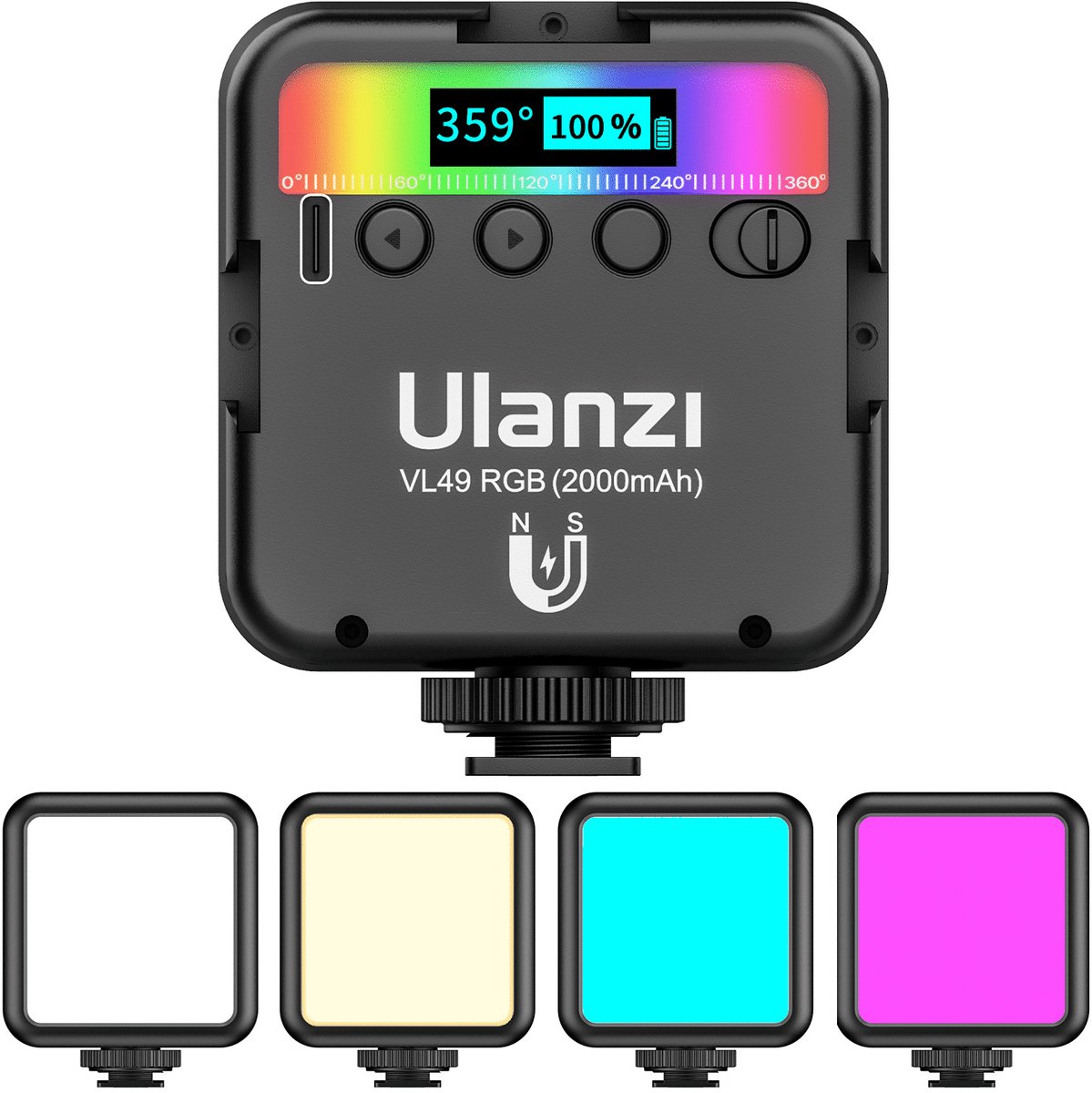 Bol.com Ulanzi VL49 RGB Multi Color LED-videolamp - 2.000 mAh accu - Batterijduur 2 tot 10 uur - Wit/geel licht en kleuren - Met... aanbieding
