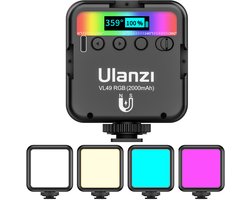 Ulanzi VL49 RGB Multi Color LED-videolamp - 2.000 mAh accu - Batterijduur 2 tot 10 uur - Wit/geel licht en kleuren - Met cold shoe mount en 1/4 inch schroefgat - USB-C - YouTube / TikTok lamp - Zwart