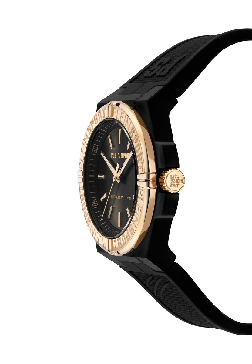 Plein Sport Laserstrike Kwarts Analoog Horloge Zwart En Rozengoud-Tint Kast: 100% Gerecycled Roestvrij Staal| Armband: Siliconen 42 mm PSFGA0626, PSFGA0726, PSFGA0826, PSFGA0926, PSFGA1026