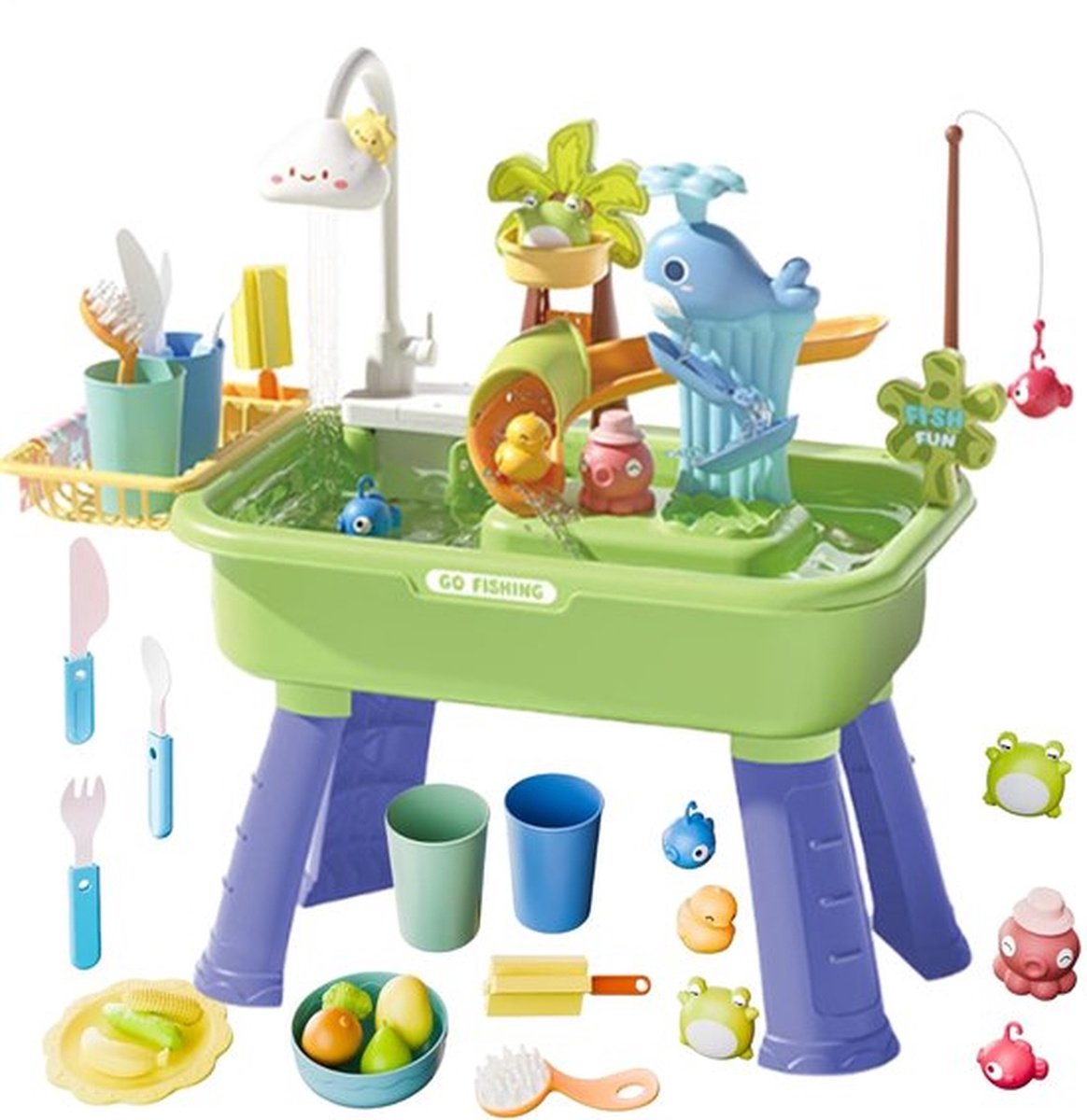 4-in-1 elektrische watertafel - voor peuters van 1-3 jaar - Keukenspeelgoed met stromend water - voor kinderen met waterpomp - Dieren, eten, servies, rollenspel, verjaardagscadeau voor jongens en meisjes - groen